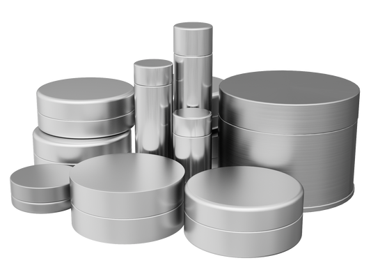 Stack of round tins displayed in a modern, natural-light setting, showing premium feel and portability.