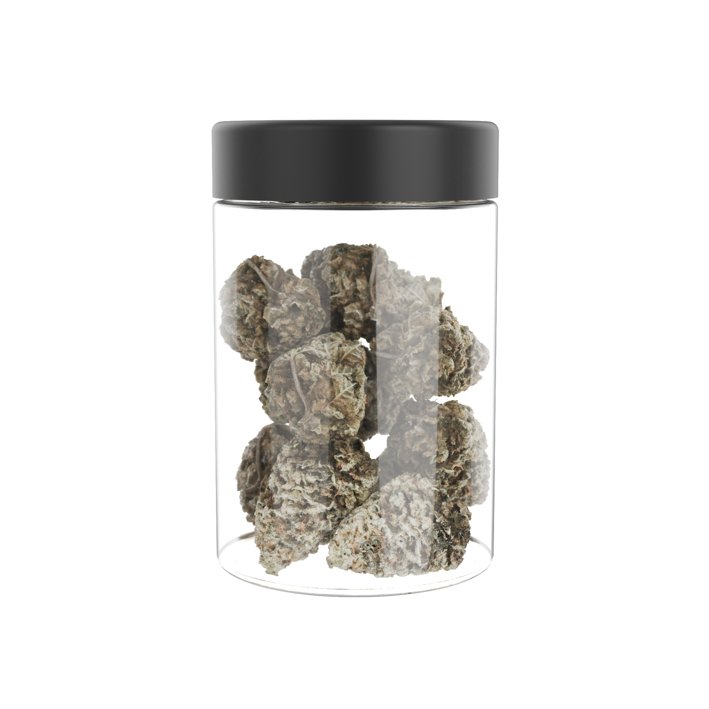 Child-resistant round glass jar with black lid for cannabis storage