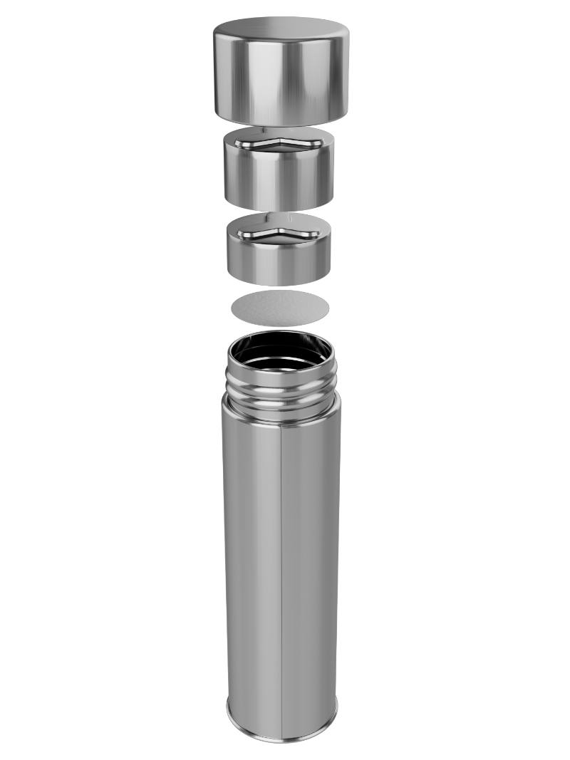 Open view of child-resistant round tin tube with tight-seal push cap