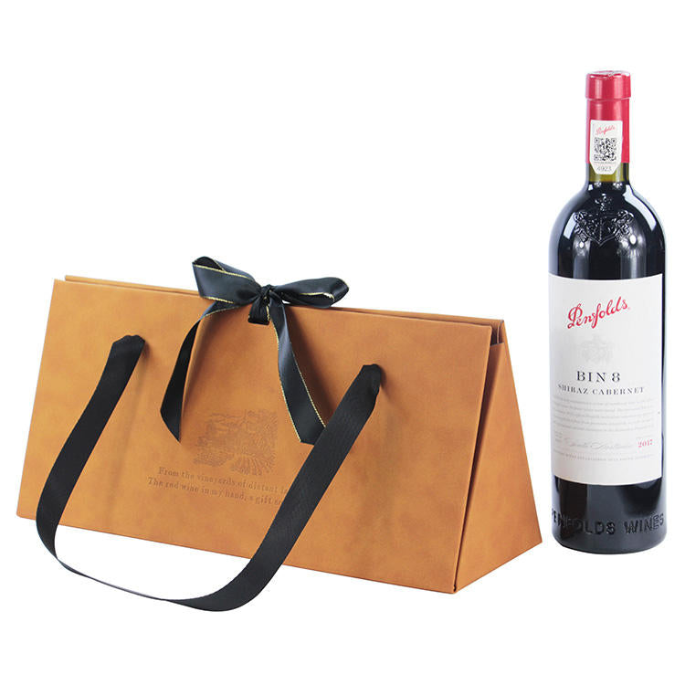 Luxury PU Leather Wine Gift Box – Folding with Ribbon Handle, Customizable