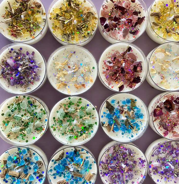 Crystal Infused Scented Candle – Organic Soy Wax with Colored Sequins