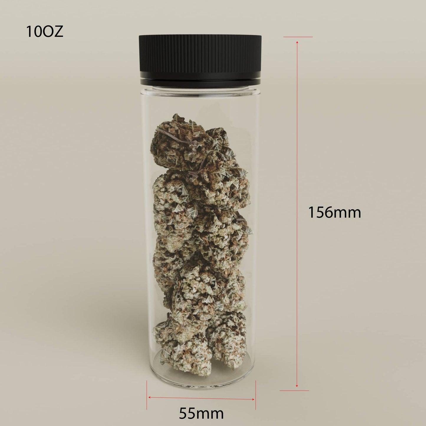 Cosource tamper evident child resistant PET cannabis jar with black lid holding cannabis buds