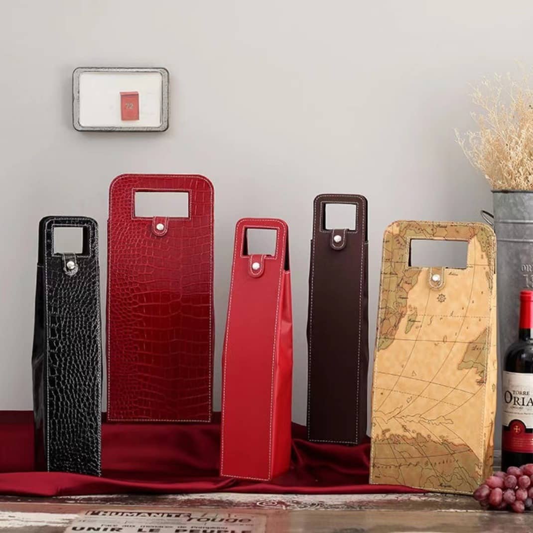 Cosource colorful leather wine handbag collection in black red brown and map print perfect for alcohol bottle packaging