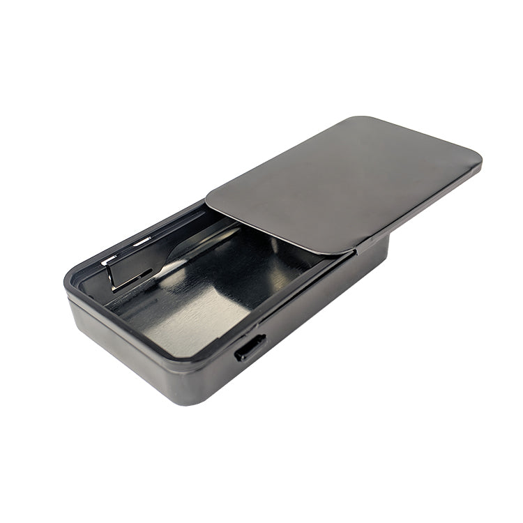 Slim black metal tin with CR feature