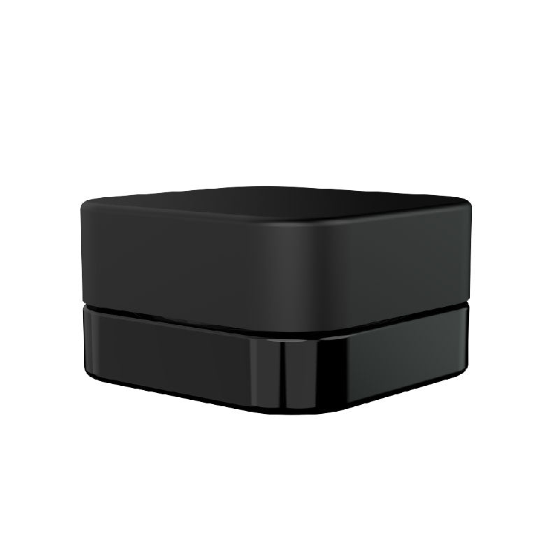 Square-shaped child-resistant glass concentrate jar with flush-fit black cap.