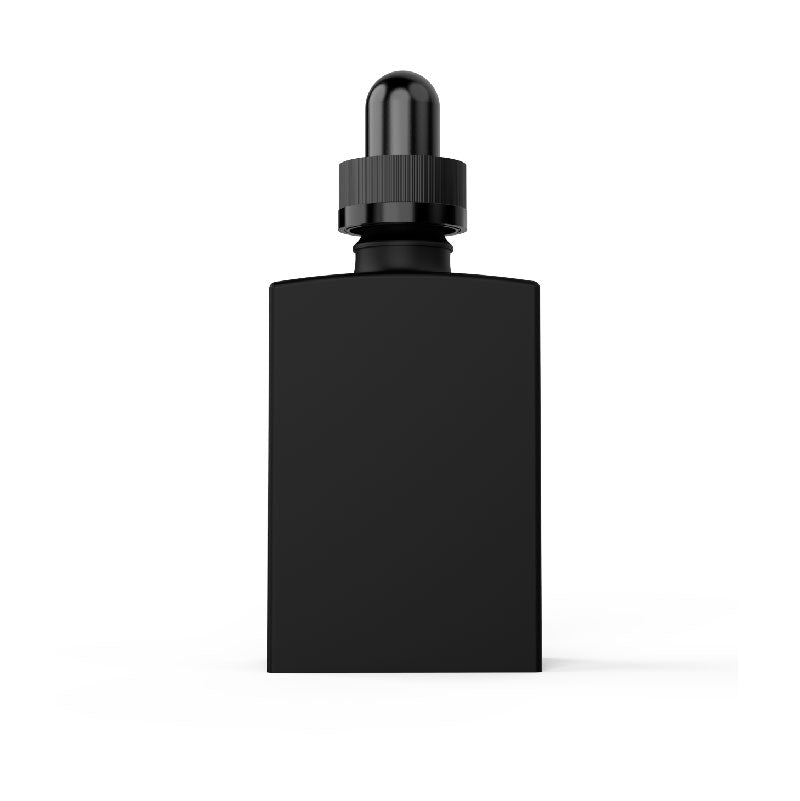 Frosted glass square tincture bottle with child-resistant pipette, premium for CBD oils.