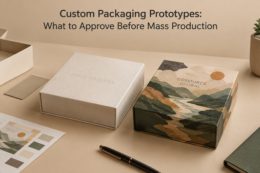 Custom packaging prototypes guide — rigid box samples at different approval stages with article title
