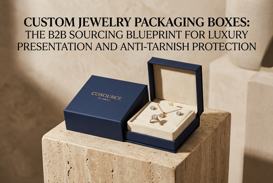 Custom luxury rigid jewelry packaging box with deep navy paper, gold foil stamping COSOURCE GLOBAL, and plush velvet interior insert on a stone pedestal