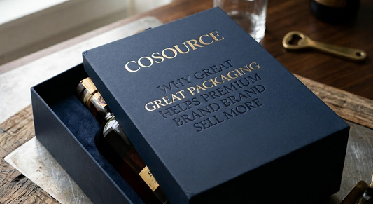 COSOURCE premium blue gift box with gold stamping and debossing — luxury packaging solution