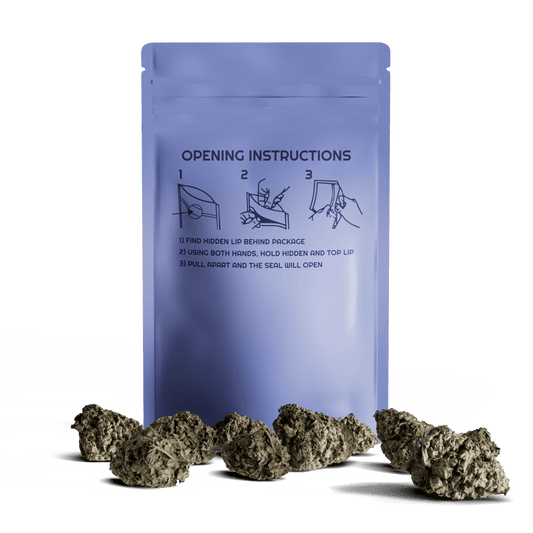 Half-ounce CR mylar bag with clear front window and foil lining