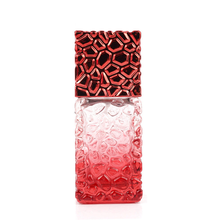 Red Square Perfume Bottle with Embossed Pattern & Pump Sprayer