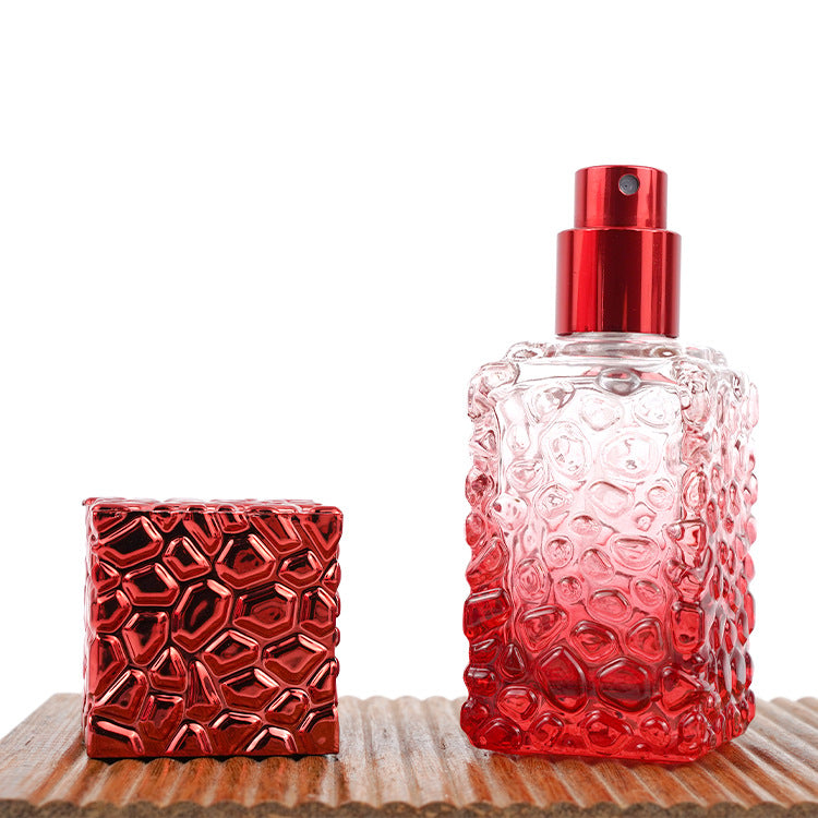 Red Square Perfume Bottle with Embossed Pattern & Pump Sprayer