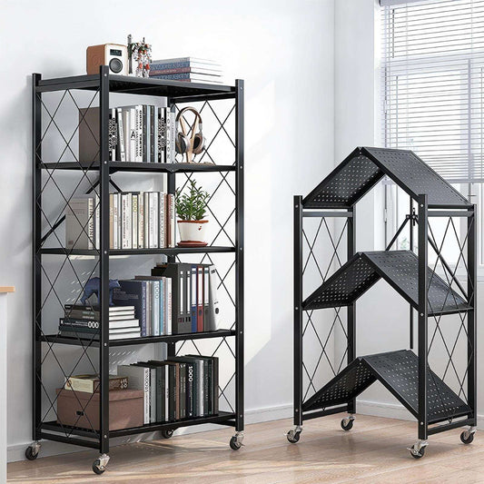 5 shelf metal storage rack foldable with wheels