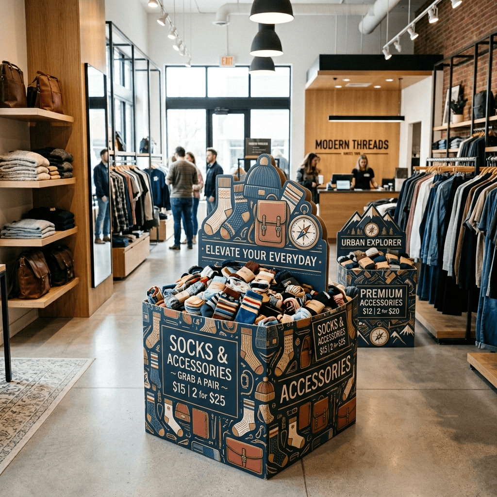 Cardboard Dump Bin Displays for Apparel, Socks & Accessories Retail Merchandising