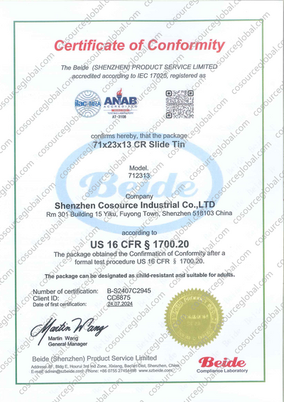 71x23x13 CR Slide Tin FT Certificate