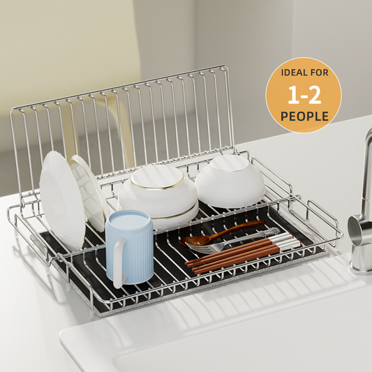Dish drying rack with dishes on a kitchen counter, labeled 'Ideal for 1-2 people'.