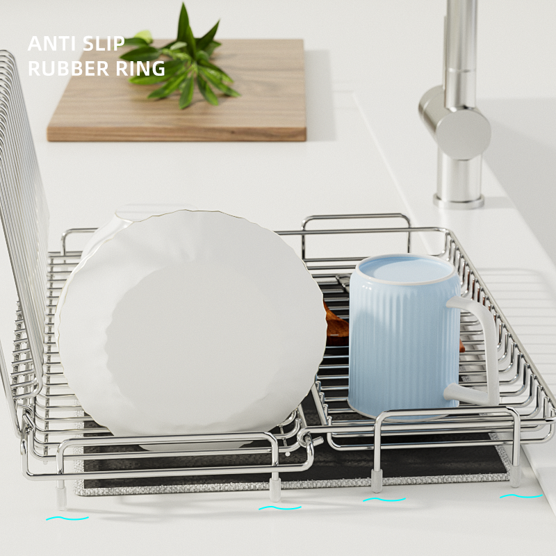 Dish rack with dishes on a kitchen counter, featuring an anti-slip rubber ring.