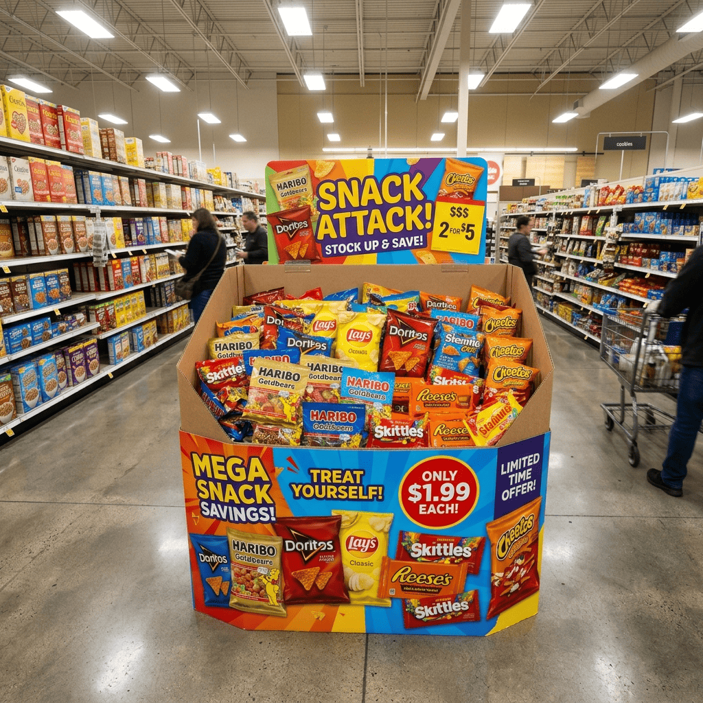 Cardboard Dump Bin Displays for Snacks, Candy & Confectionery Promotions