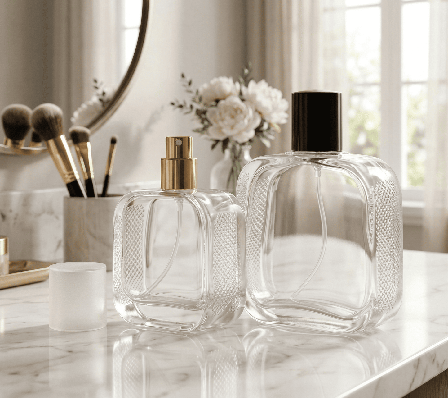 clear glass perfume bottles on a marble surface