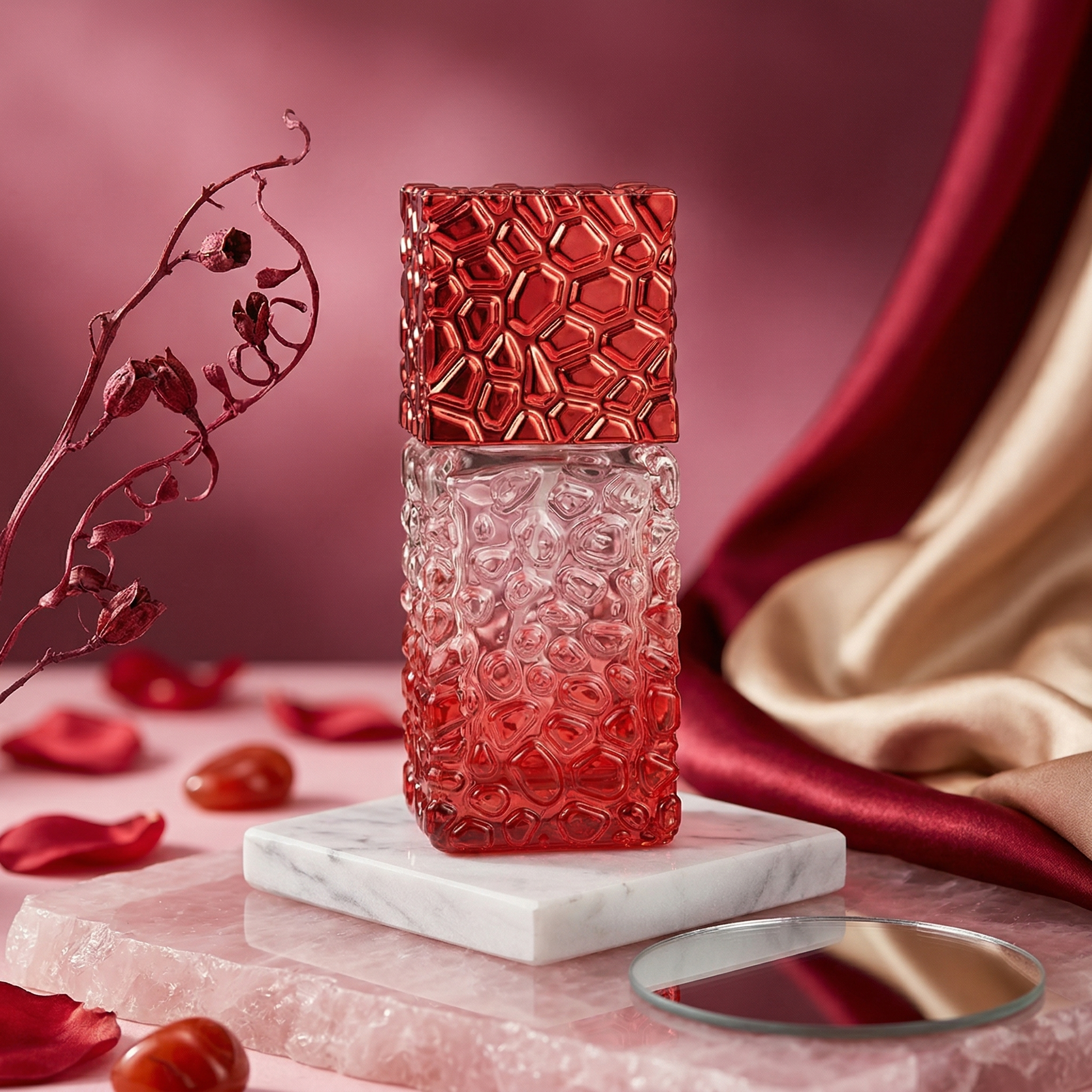 perfume in red square bottle