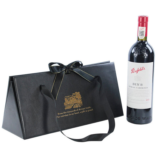 Luxury PU Leather Wine Gift Box – Folding with Ribbon Handle, Customizable