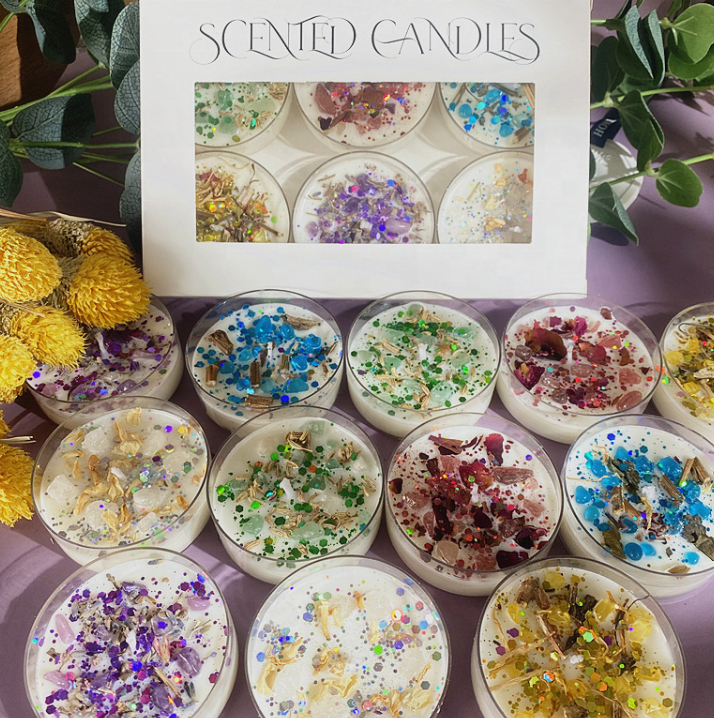 Crystal Infused Scented Candle – Organic Soy Wax with Colored Sequins