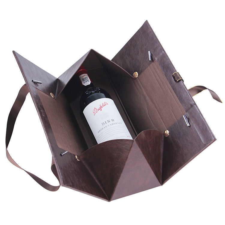 Luxury PU Leather Wine Gift Box – Folding with Ribbon Handle, Customizable