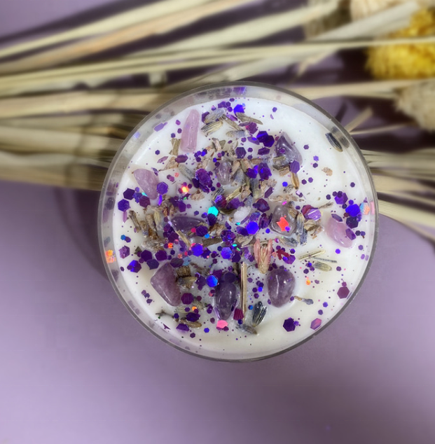 Crystal Infused Scented Candle – Organic Soy Wax with Colored Sequins