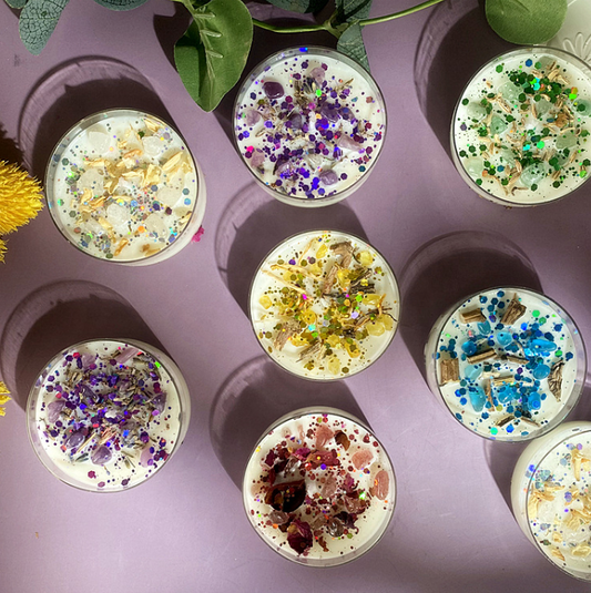 Crystal Infused Scented Candle – Organic Soy Wax with Colored Sequins