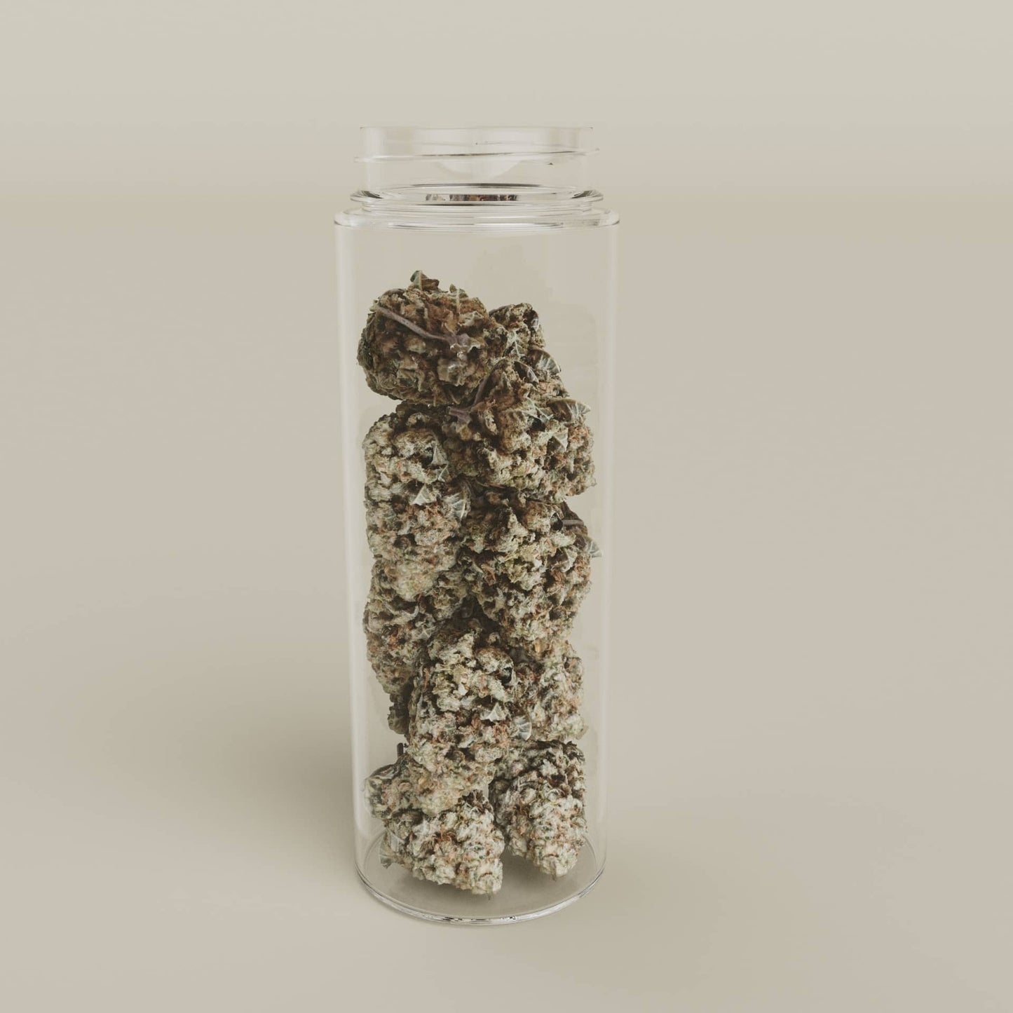 Clear child resistant PET cannabis jar by Cosource with tamper evident feature filled with cannabis buds