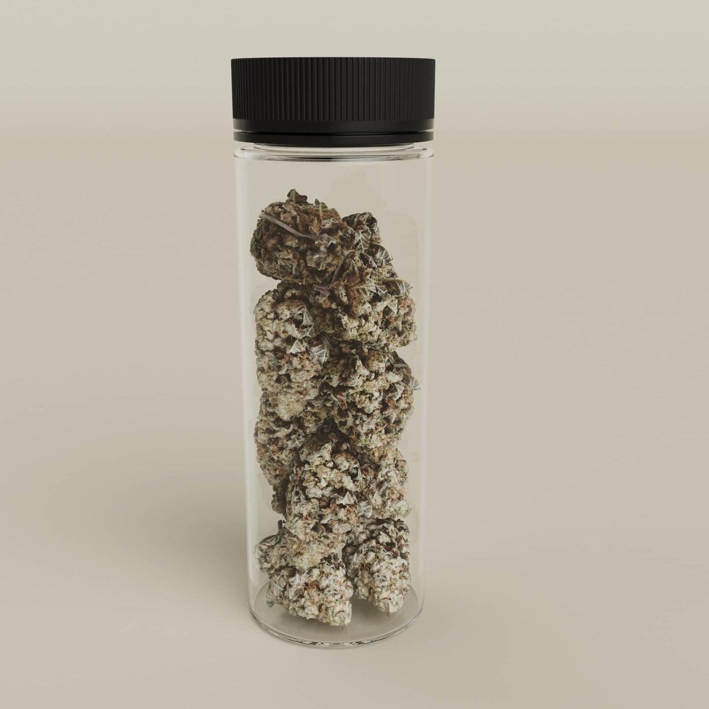 Cosource tamper evident child resistant PET cannabis jar with black lid and cannabis buds inside