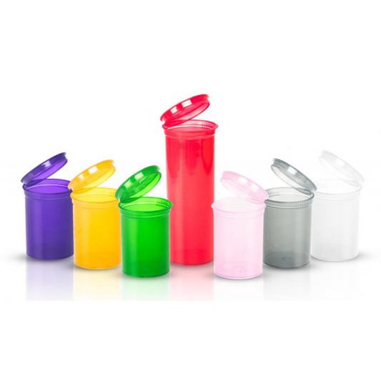 Child-resistant white plastic pop top bottle, 60 dram capacity, ideal for storing cannabis flower securely.