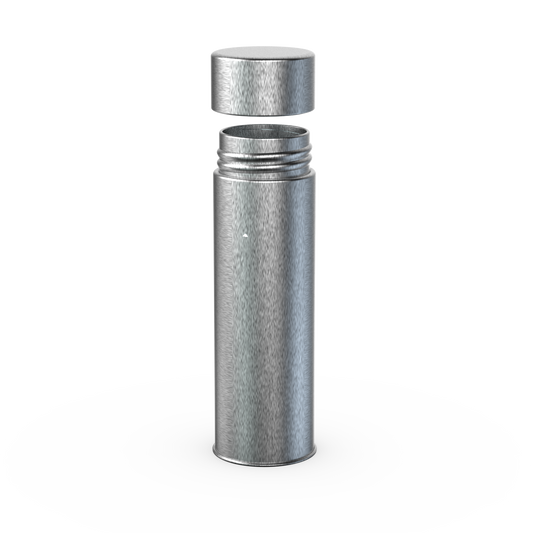 child-resistant round tin with push-and-turn lid, 85mm diameter