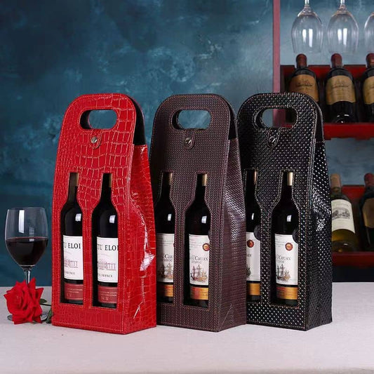 Cosource colorful leather wine handbag in red brown and black holding two wine bottles each