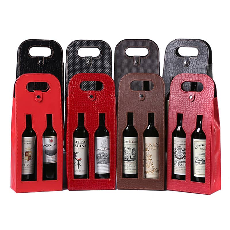 Cosource colorful leather wine handbag set holding two wine bottles with textured leather finish