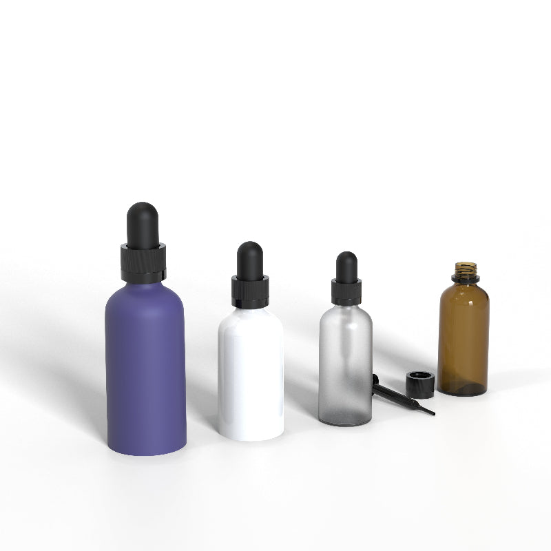 Matte black round glass tincture bottle with child-resistant dropper cap.