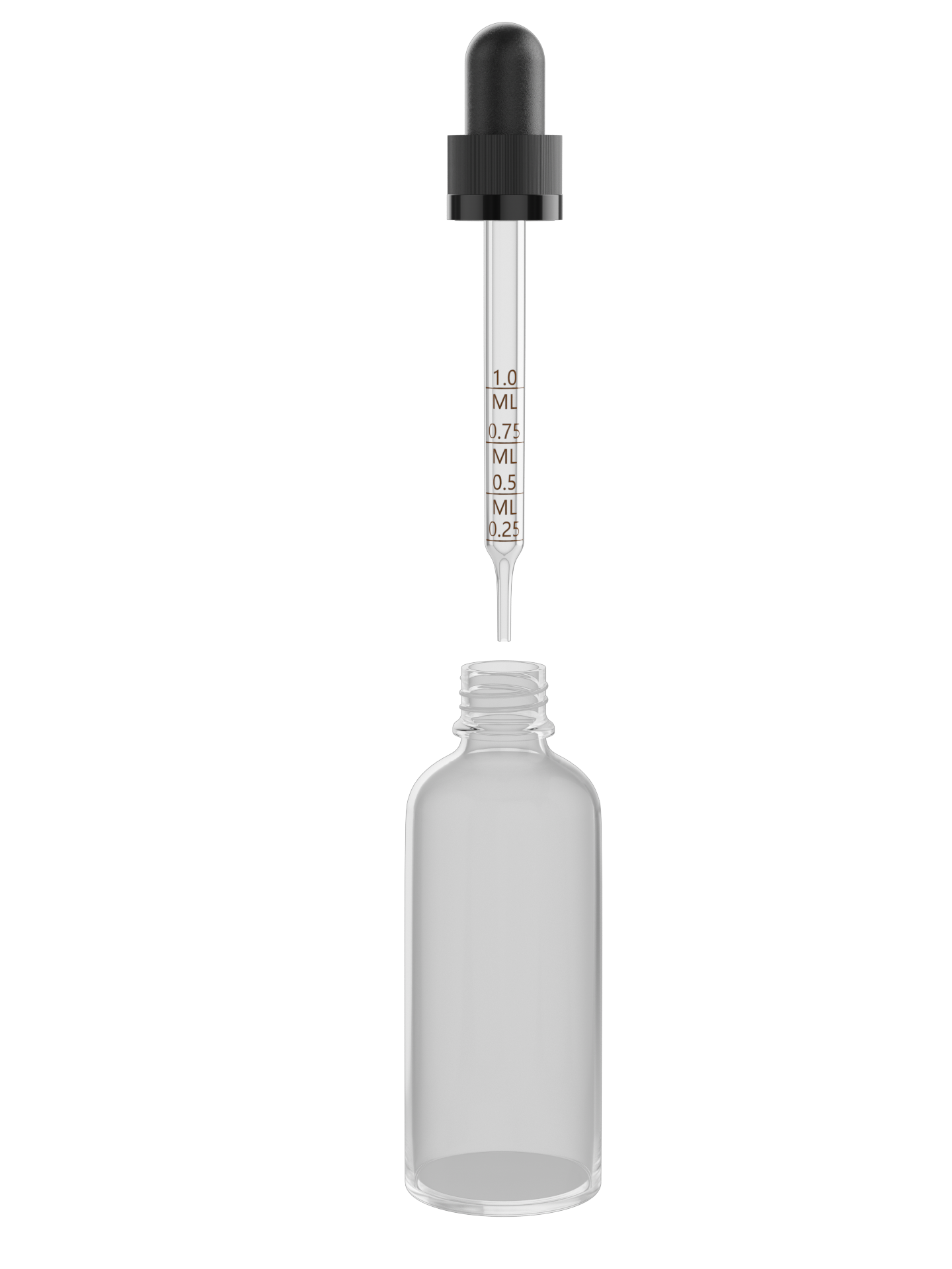 Clear round child-proof tincture bottle with graduated dropper, 50ml.