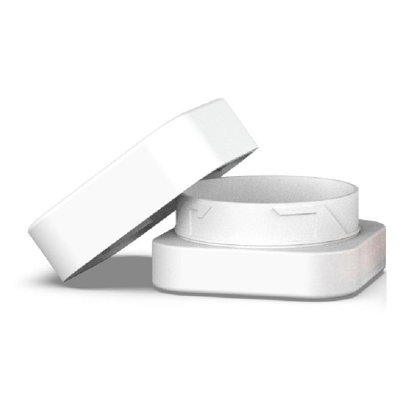 Matte white square CR jar with glass base, suitable for oil-based extracts.