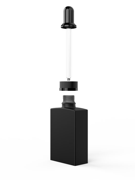 square glass tincture bottle with child-proof dropper top, minimalist design.