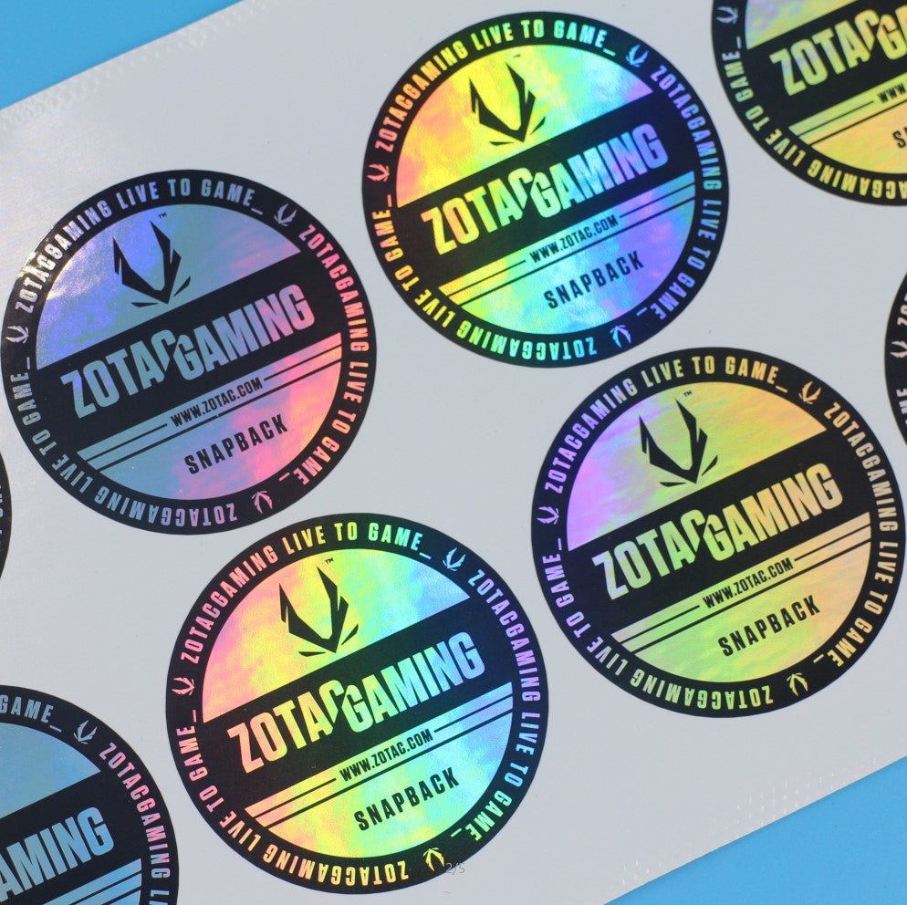 Custom holographic stickers with vibrant colors and unique branding design