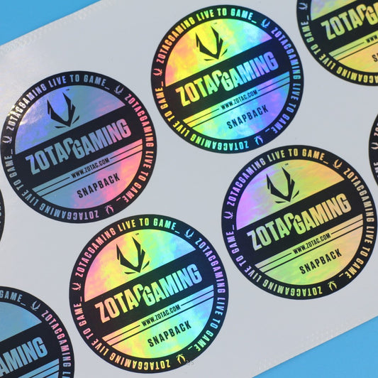Custom holographic stickers with vibrant colors and unique branding design