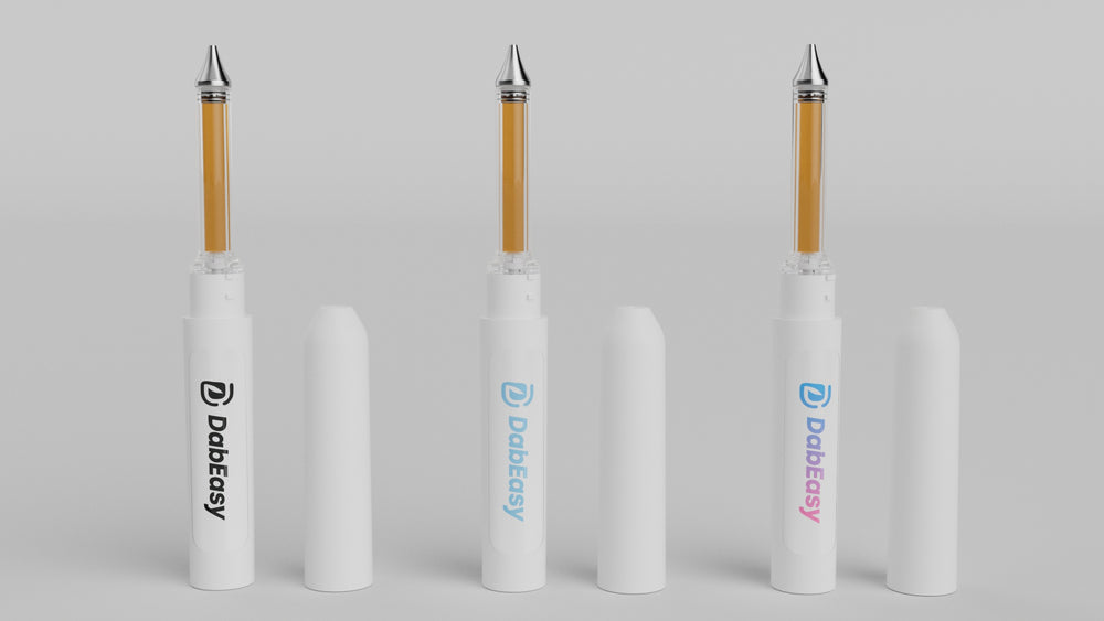 Dab Easy white dispenser renderings with three logo color treatments; assembled presentation examples