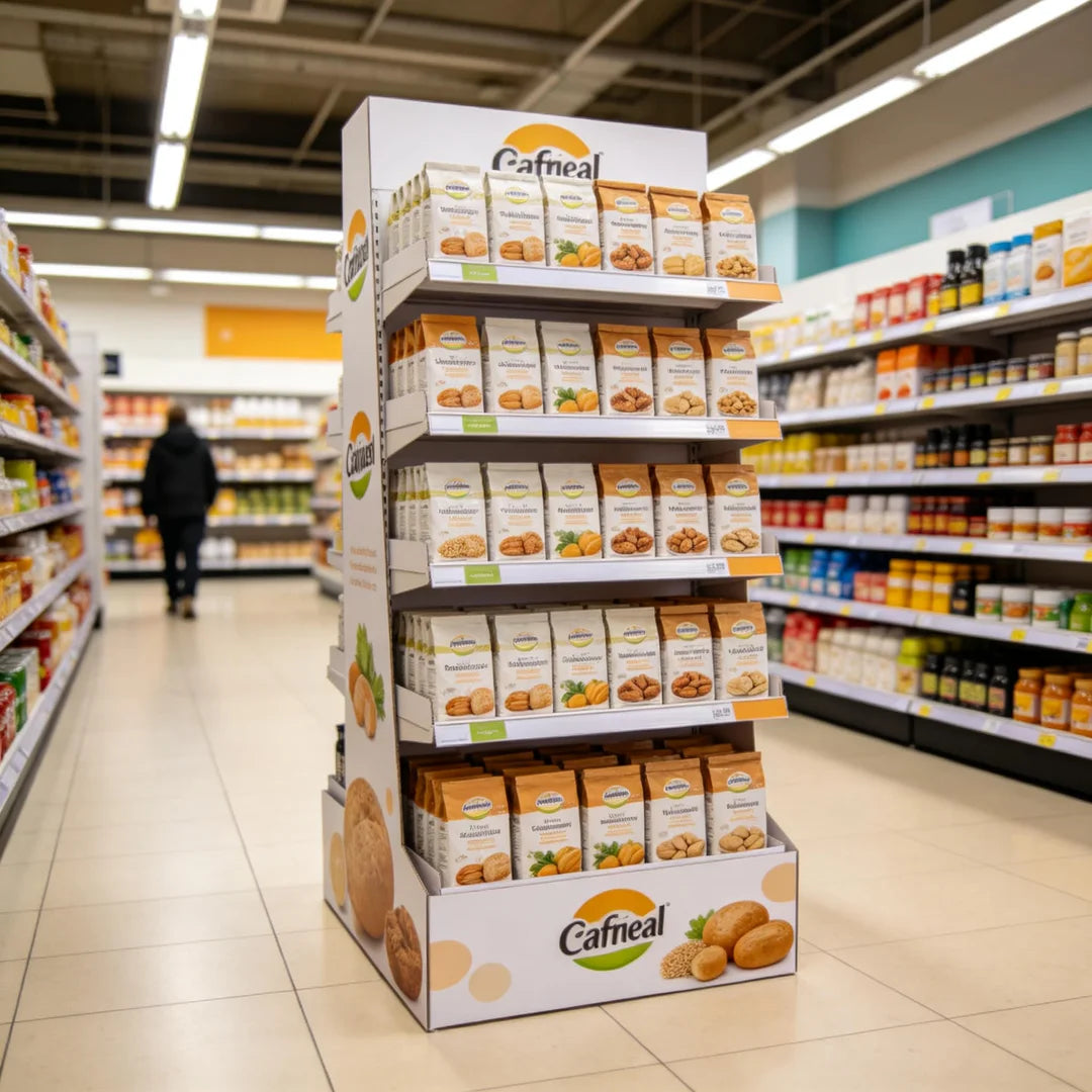 Cardboard Floor Display Stands in a grocery store aisle