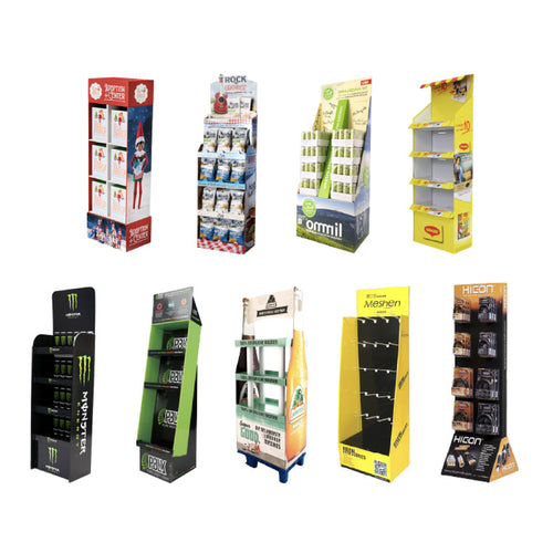 Foldable cardboard floor display in flat-packed shipping format