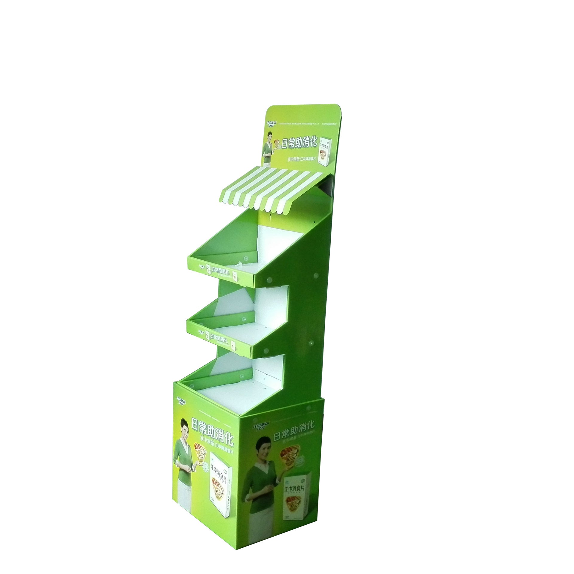 Front view of custom printed cardboard floor display stand in retail setting