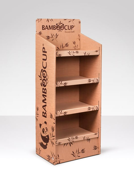 Side profile of tall floor-standing corrugated display with shelves