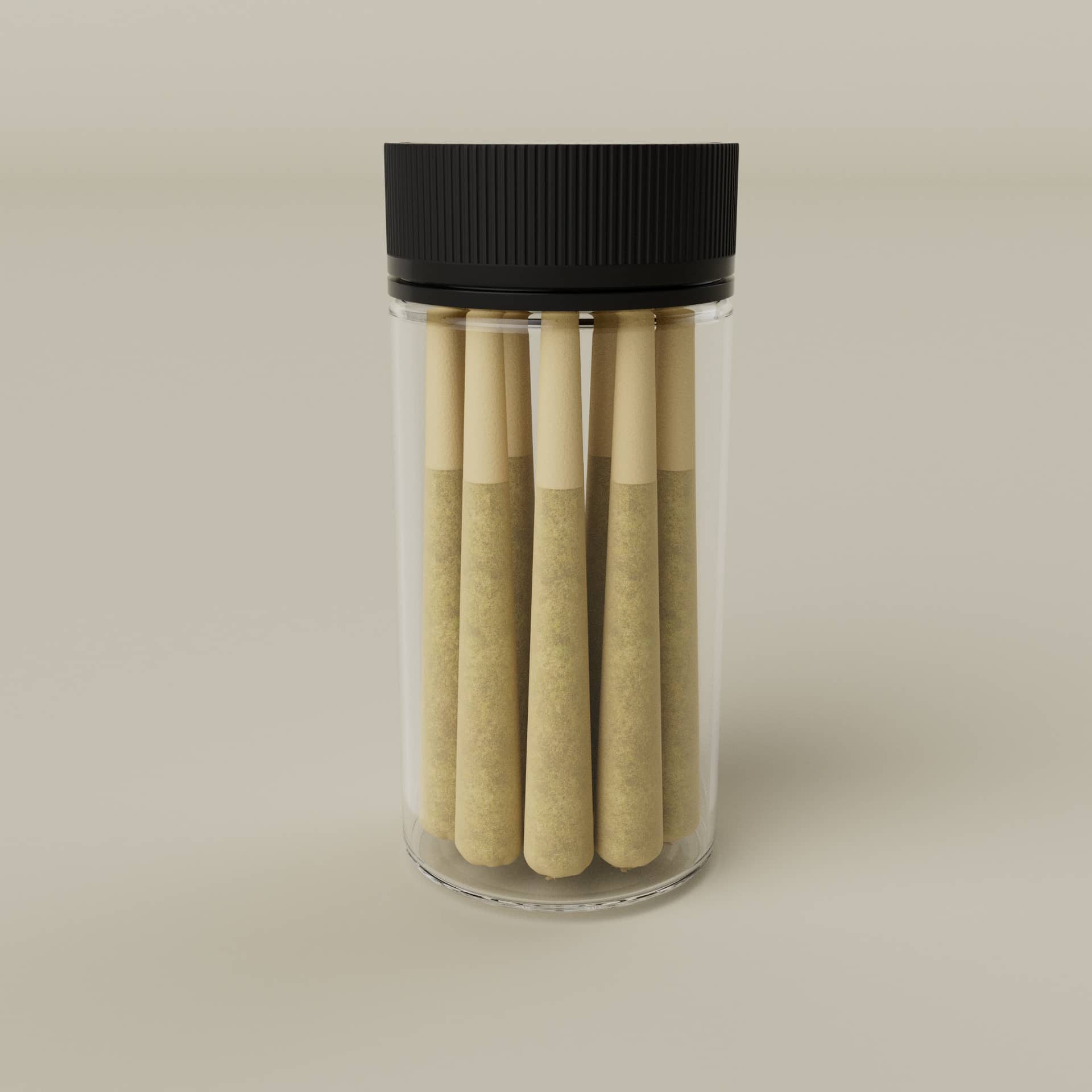 Cosource tamper evident cannabis storage jar with black lid holding pre-rolled joints upright