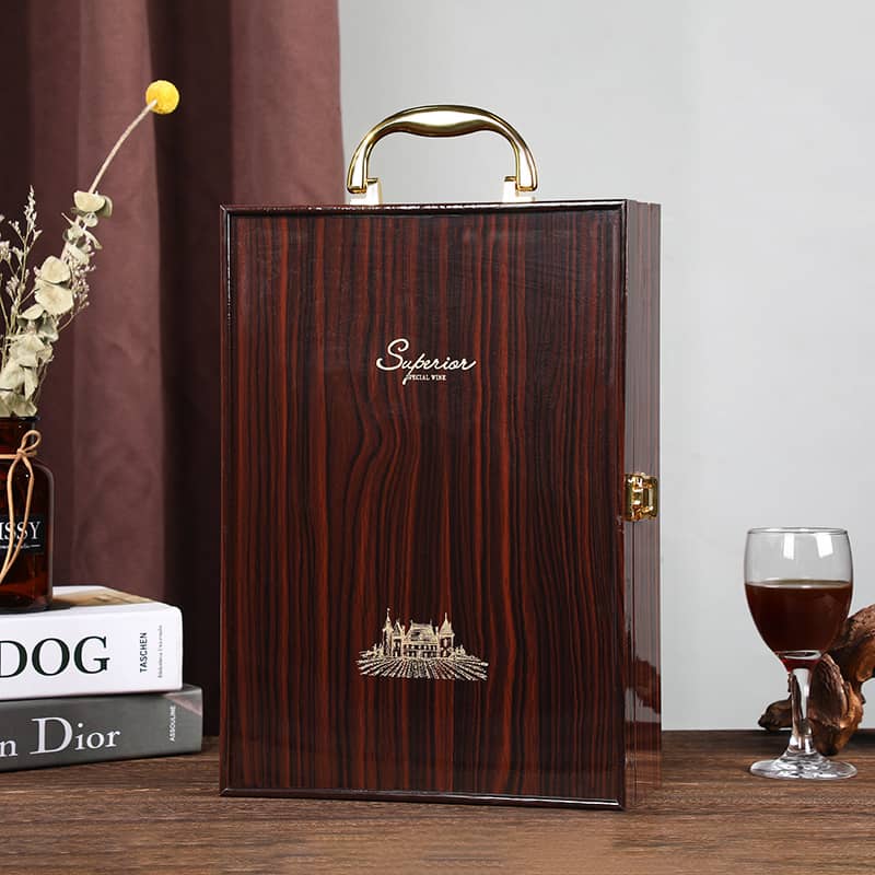 Cosource luxury lacquered wooden wine box with gold handle and elegant dark wood finish for alcohol bottle packaging