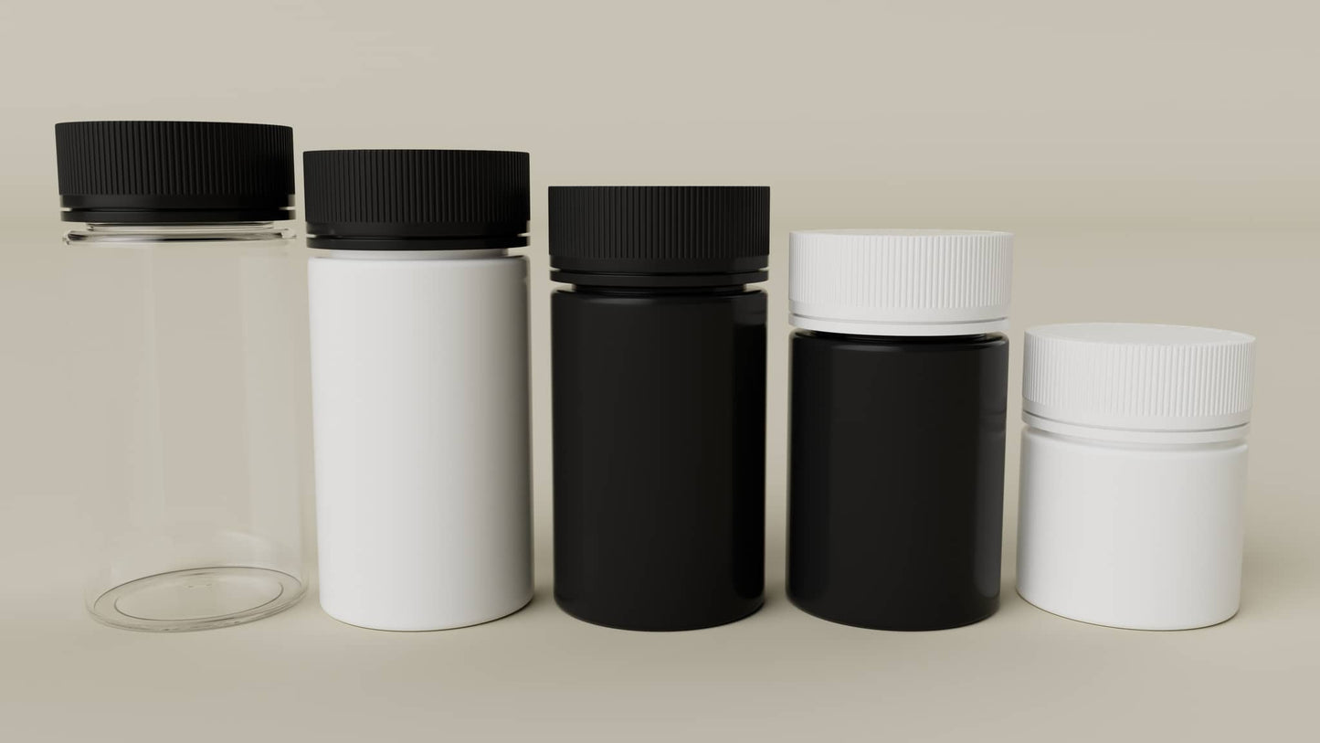 Cosource tamper evident cannabis storage jar collection in black and white with secure lids