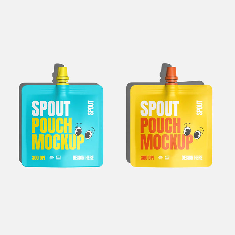 Two spout pouches, one blue and one yellow